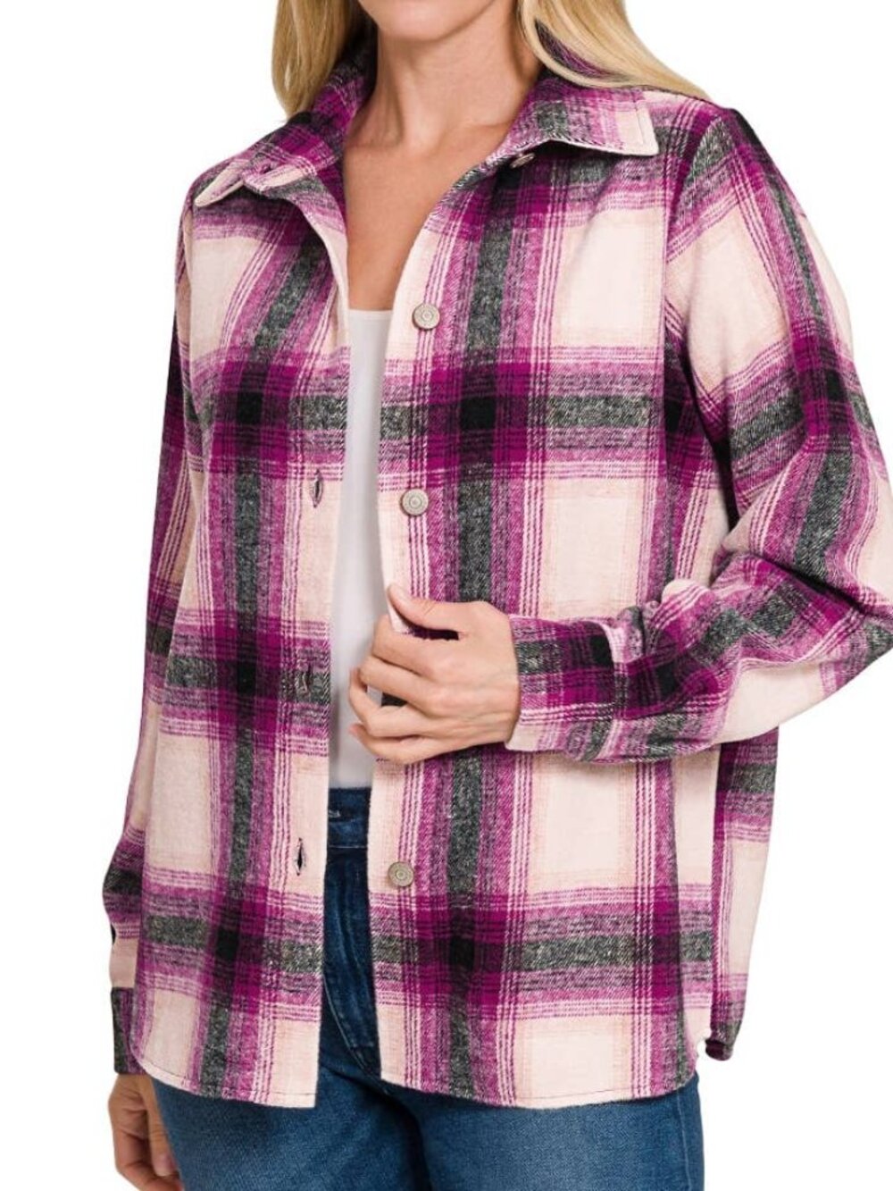 Zenana Warm Plaid Jacket Top, Boutique, Magenta Madness Plaid Shacket | enana